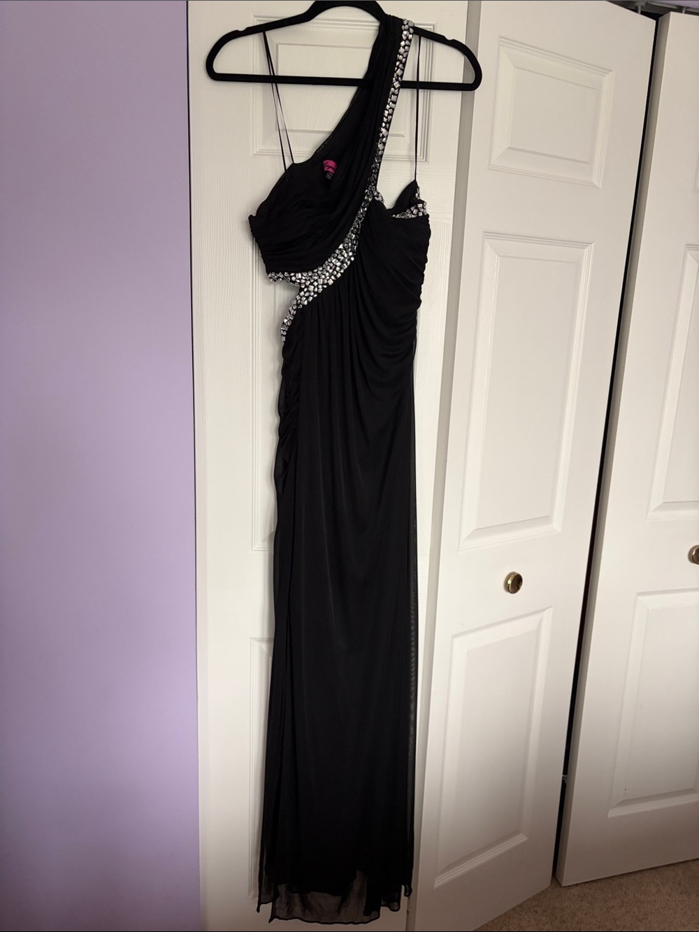 Morgan & Co. Black One-Shoulder Evening Dress with Crystal Trim